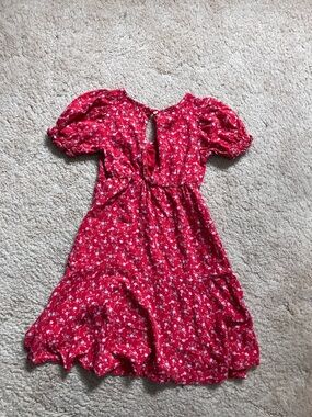 Red Floral Puff-Sleeve Kids Dress (6-7)